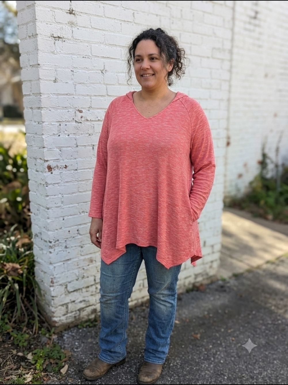 Penningtons Women's Relaxed V-Neck Long Sleeve Marled Knit Tunic Coral Lagenlook